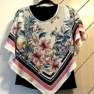 A.Byer Boho-Style Floral Blouse with Asymmetrical Hander-kerchief Hem. Size M